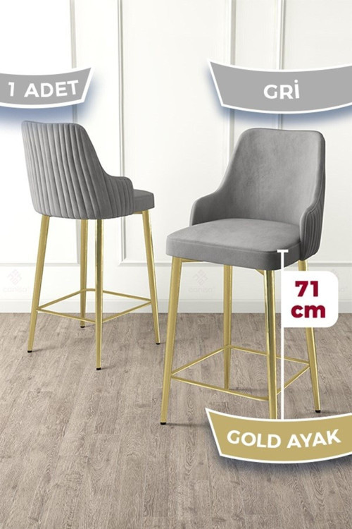 Concept Enox Serisi 1 Adet Gri Mutfak Bar Sandalyesi Babyface Kumaş Gold Kaplama Metal Ayak