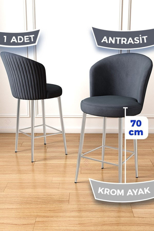 Concept Fora Serisi Ada Mutfak Bar Sandalyesi Krom Kaplama Metal Ayaklı Babyface Kumaşlı 1 Antrasit Sandalye