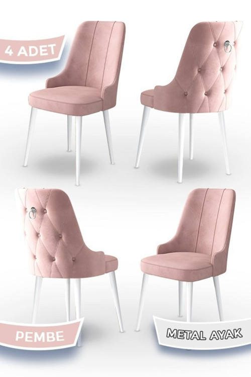Concept Newa Serisi, 1.Sınıf Babyface Kumaş Beyaz Metal Ayaklı Gümüş Halkalı, 4 Adet Pembe Sandalye