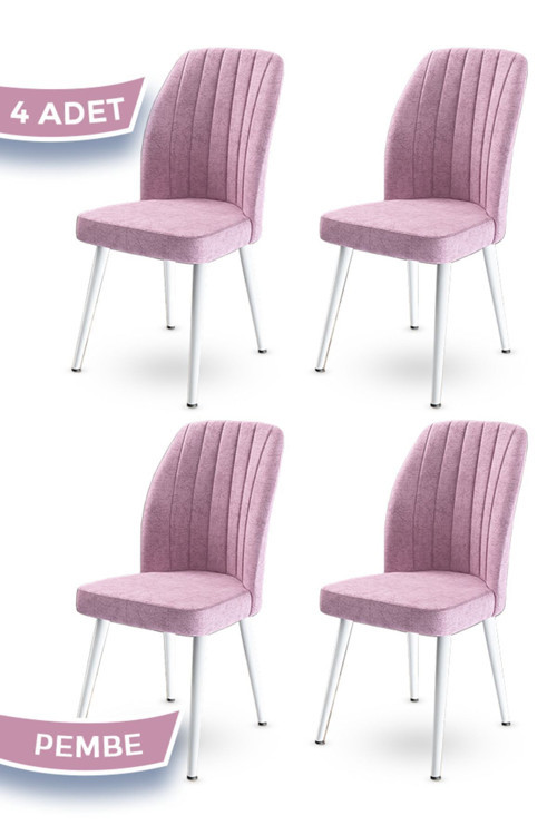 Concept Platinum Serisi Üst Kalite Mutfak Sandalyesi 4 Adet Pembe Sandalye Metal Beyaz Iskeletli