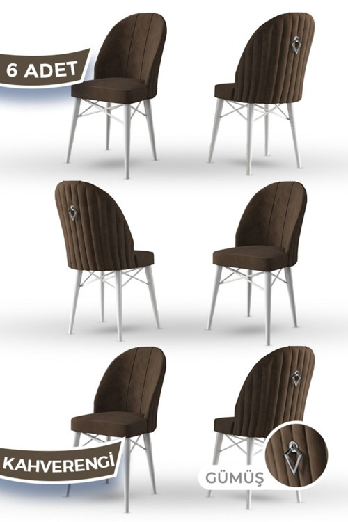 Concept Ritim Serisi 6 Adet Kahve Sandalye 1.Sınıf Babyface Ithal Kumaş Beyaz Gürgen Ayak Gümüş Halkalı