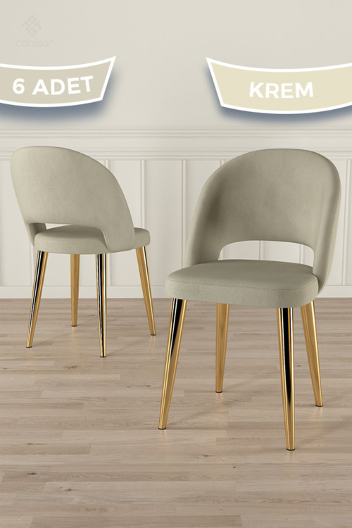 Concept Pane Serisi 6 Adet Krem Mutfak Sandalyesi Gold Kaplama Metal Ayak 1. Sınıf Babyface Kumaş