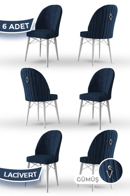 Concept Ritim Serisi 6 Adet Lacivert Sandalye 1.Sınıf Babyface Ithal Kumaş Beyaz Gürgen Ayak Gümüş Halkalı