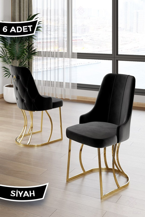 Concept Puva Serisi 6 Adet Siyah Sandalye 1.Sınıf Babyface Ithal Kumaş Gold Metal Ayaklı