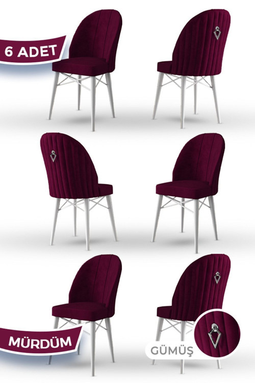 Concept Ritim Serisi 6 Adet Mürdüm Sandalye 1.Sınıf Babyface Ithal Kumaş Beyaz Gürgen Ayak Gümüş Halkalı