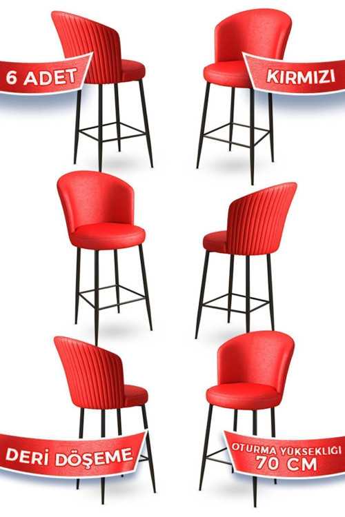 Concept Uras Serisi 6 Adet Kırmızı Deri Bar Sandalyesi Deri Ada Mutfak Sandalyesi Siyah Metal Ayaklı
