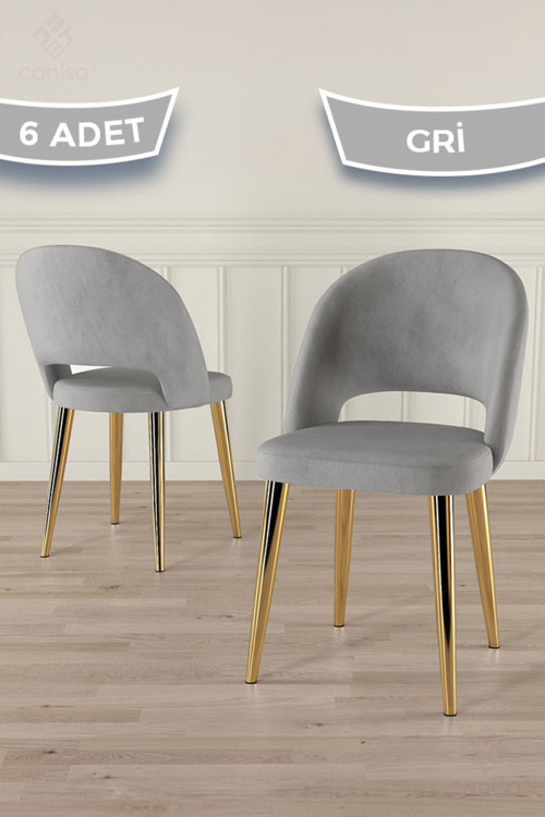 Concept Pane Serisi 6 Adet Gri Mutfak Sandalyesi Gold Kaplama Metal Ayak 1. Sınıf Babyface Kumaş