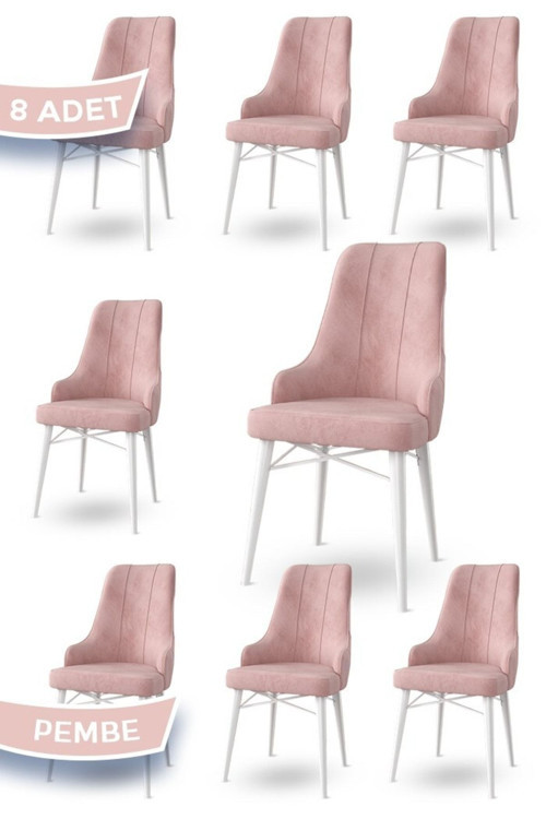 Concept Neta Serisi, 1.Sınıf Babyface Kumaş , Beyaz Gürgen Ayak, 8 Adet Pembe Mutfak Sandalye