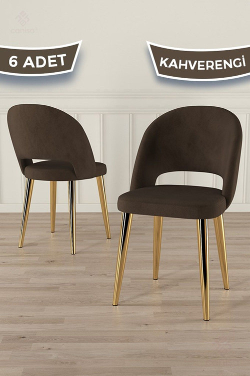 Concept Pane Serisi 6 Adet Kahve Mutfak Sandalyesi Gold Kaplama Metal Ayak 1. Sınıf Babyface Kumaş