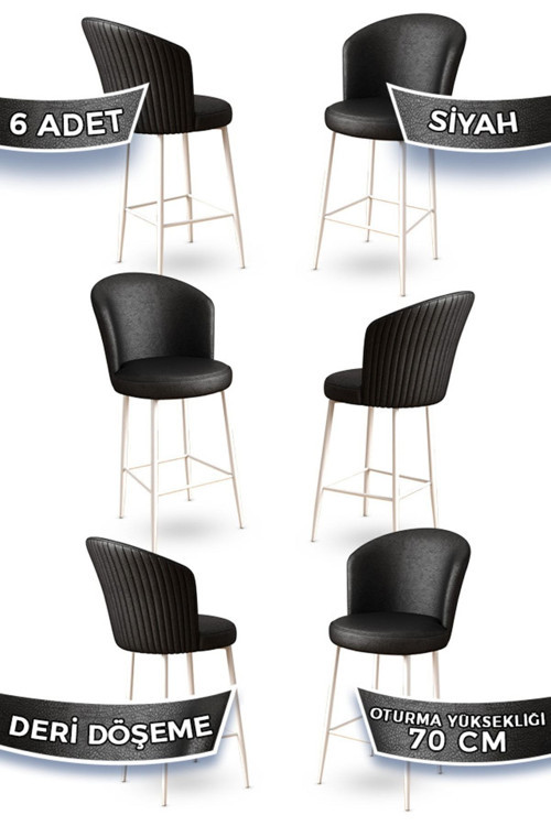 Concept Uras Serisi 6 Adet Siyah Deri Bar Sandalyesi Deri Ada Mutfak Sandalyesi Beyaz Metal Ayaklı