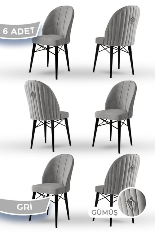 Concept Ritim Serisi 1.Sınıf Babyface Kumaş 6 Adet Gri Sandalye Siyah Gürgen Ayak Gümüş Halkalı