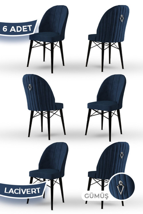 Concept Ritim Serisi 1.Sınıf Babyface Kumaş 6 Adet Lacivert Sandalye Siyah Gürgen Ayak Gümüş Halkalı