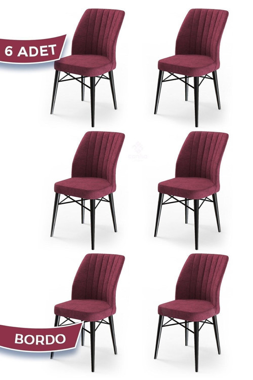 Concept Flex Serisi, Üst Kalite Yemek Odası Sandalyesi, 6 Adet Bordo Sandalye, Gürgen Siyah Ahşap Ayak