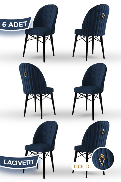 Concept Ritim Serisi, 1.Sınıf Babyface Kumaş 6 Adet Lacivert Sandalye Siyah Gürgen Ayak Gold Halkalı