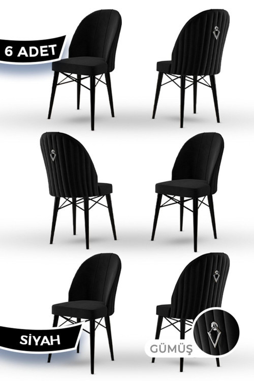 Concept Ritim Serisi 1.Sınıf Babyface Kumaş 6 Adet Siyah Sandalye Siyah Gürgen Ayak Gümüş Halkalı