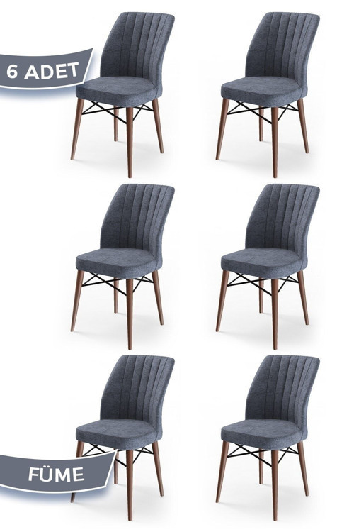 Concept Flex Serisi, Üst Kalite Yemek Odası Sandalyesi, 6 Adet Füme Sandalye, Gürgen Ceviz Ahşap Ayak