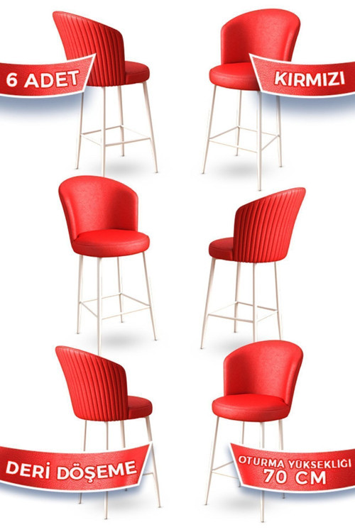 Concept Uras Serisi 6 Adet Kırmızı Deri Bar Sandalyesi Deri Ada Mutfak Sandalyesi Beyaz Metal Ayaklı
