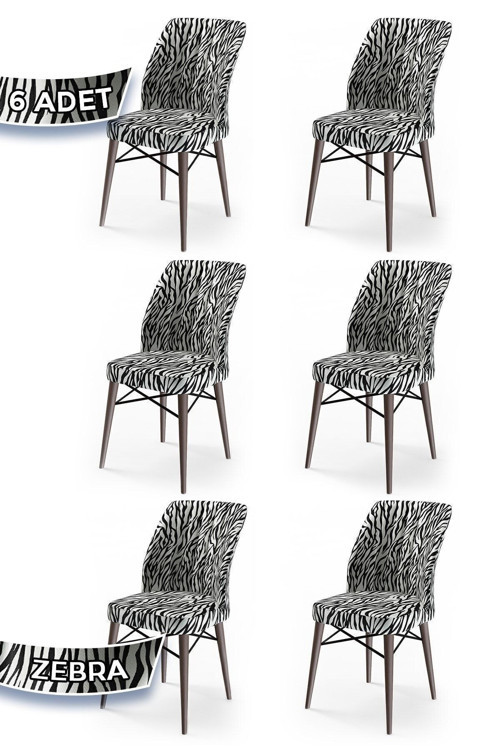 Concept Flex Serisi, Üst Kalite Yemek Odası Sandalyesi, 6 Adet Zebra Desen Sandalye Gürgen Ceviz Ahşap Ayak