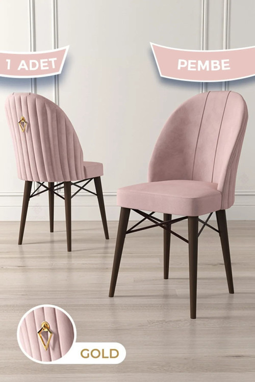 Concept Ritim Serisi, Ceviz Gürgen Ayaklı 1.Sınıf Babyface İthal Kumaş Pembe Sandalye Gold Halkalı, 1 Adet