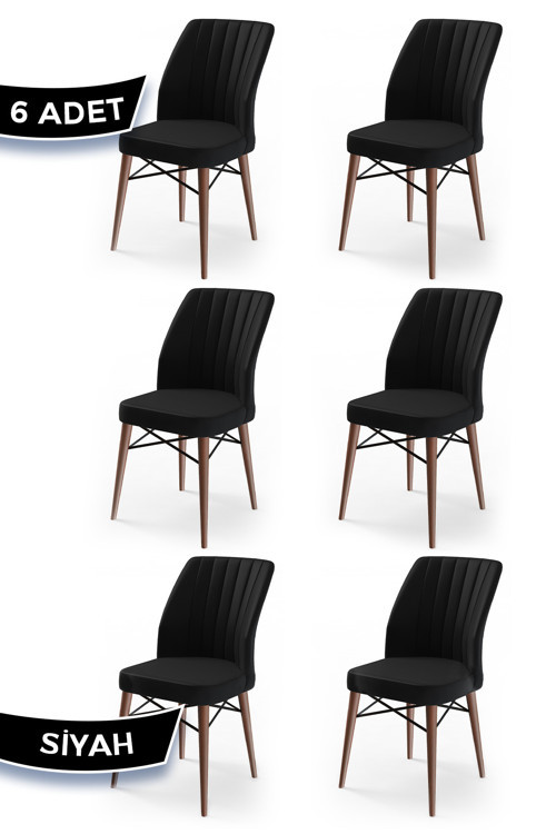 Concept Flex Serisi, Üst Kalite Yemek Odası Sandalyesi, 6 Adet Siyah Sandalye, Gürgen Ceviz Ahşap Ayak