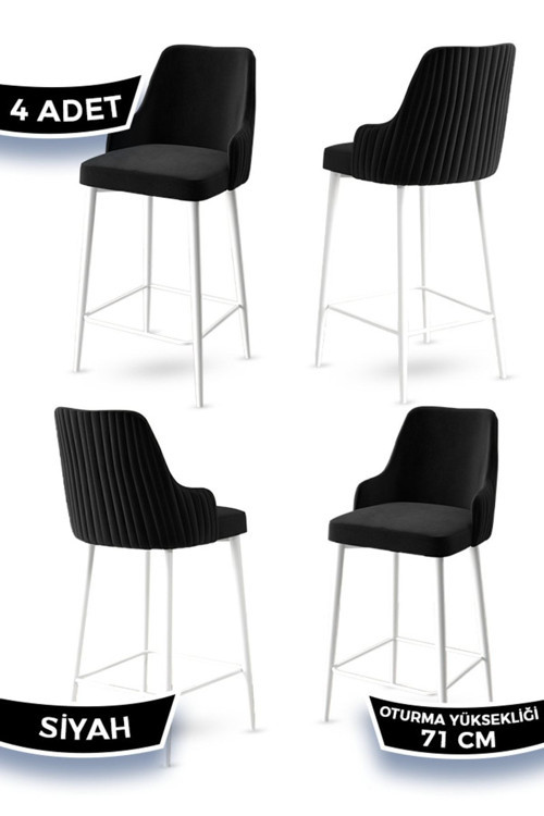 Concept Enox Serisi, 4 Adet Siyah Sandalye Mutfak Bar Sandalyesi, Babyface Kumaş, Beyaz Metal Ayak