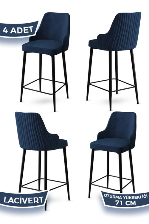 Concept Enox Serisi, 4 Adet Lacivert Sandalye Mutfak Bar Sandalyesi, Babyface Kumaş, Siyah Metal Ayak