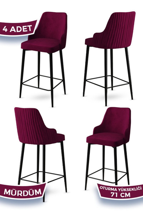 Concept Enox Serisi, 4 Adet Mürdüm Sandalye Mutfak Bar Sandalyesi, Babyface Kumaş, Siyah Metal Ayak ,