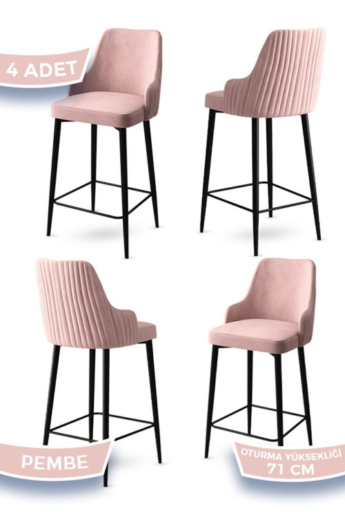 Concept Enox Serisi, 4 Adet Pembe Sandalye Mutfak Bar Sandalyesi, Babyface Kumaş, Siyah Metal Ayak ,