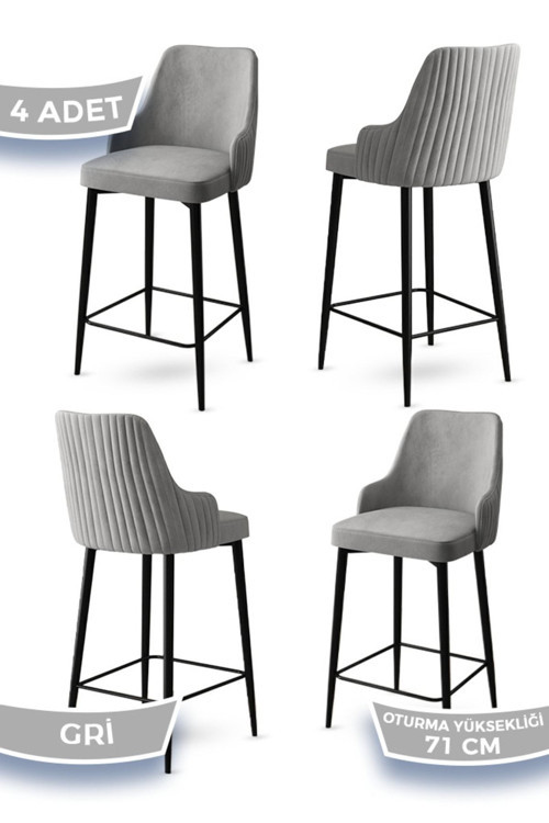 Concept Enox Serisi, 4 Adet Gri Sandalye Mutfak Bar Sandalyesi, Babyface Kumaş, Siyah Metal Ayak