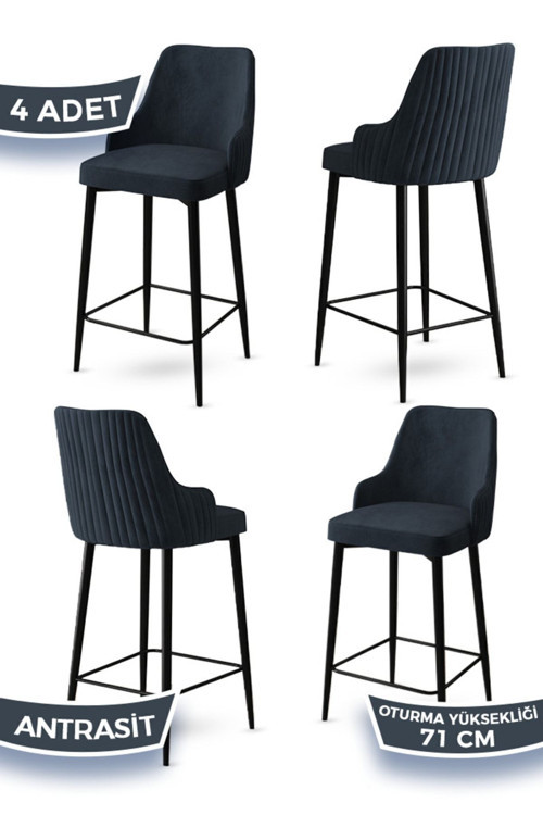Concept Enox Serisi, 4 Adet Antrasit Sandalye Mutfak Bar Sandalyesi, Babyface Kumaş, Siyah Metal Ayak ,