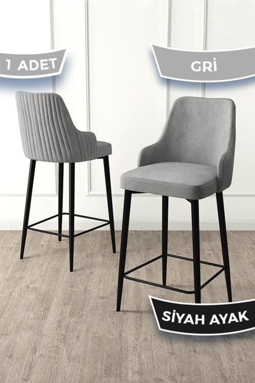 Concept Enox Serisi,1 Adet Gri Sandalye Bar Sandalyesi Babyface Kumaş Siyah Metal Ayak