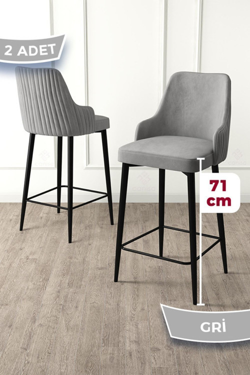 Concept Enox Serisi,2 Adet Gri Sandalye Yemek Odası Bar Sandalyesi, Babyface Kumaş, Siyah Metal Ayak ,