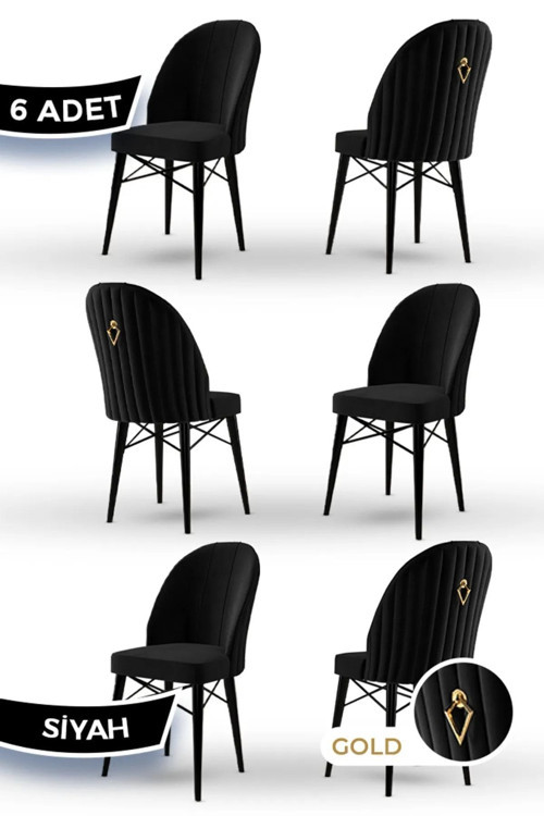 Concept Ritim Serisi, 1.Sınıf Babyface Kumaş, 6 Adet Siyah Sandalye, Siyah Gürgen Ayak, Gold Halkalı