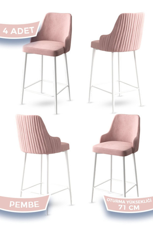 Concept Enox Serisi,4 Adet Pembe Sandalye Mutfak Bar Sandalyesi, Babyface Kumaş, Beyaz Metal Ayak