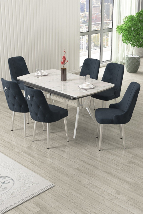 Concept Nis Serisi 89X150 Açılabilir Lak Panel Beyaz Mermer Desen Masa Takımı 6 Antrasit Sandalye