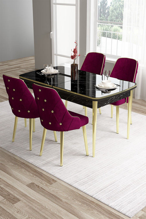Concept Tia Serisi Açılabilir Mdf Mutfak Masası Takımı Siyah Mermer Desen Masa Gold Detay 4 Mürdüm Sandalye