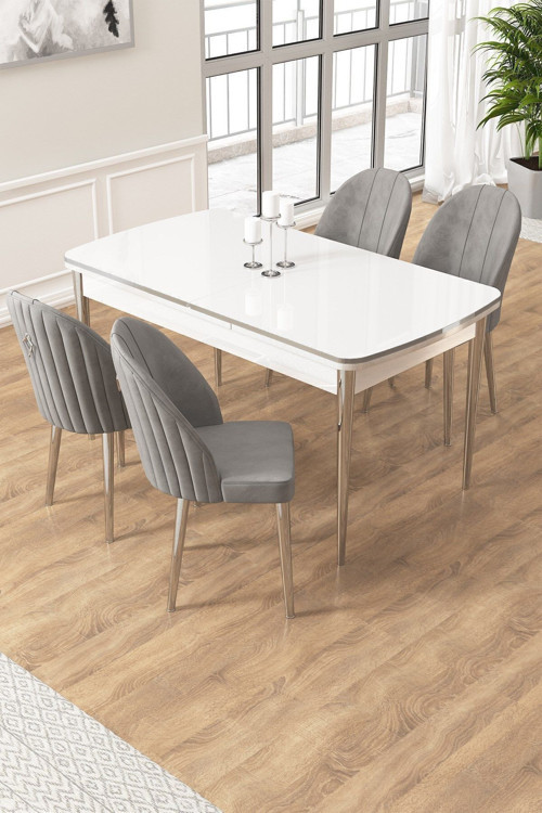 Concept Edaf Serisi 80X132 Açılabilir Beyaz Mutfak Masa Takımı 4 Gri Sandalye Krom Detay