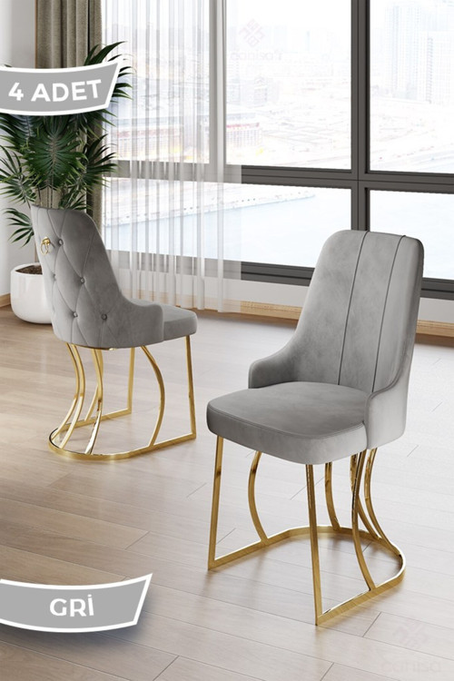Concept Puva Serisi 4 Adet Gri Sandalye 1.Sınıf Babyface Ithal Kumaş Gold Metal Ayaklı