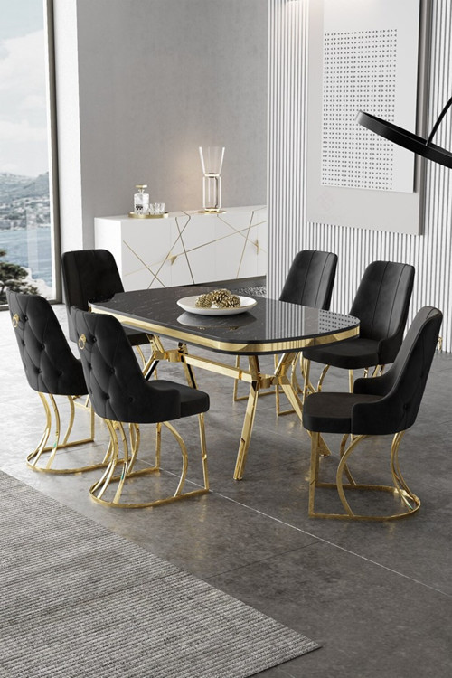 Concept Epal Serisi 90X168 Lak Panel Siyah Mermer Desen Masa Takımı Gold Ayaklı 6 Siyah Sandalye
