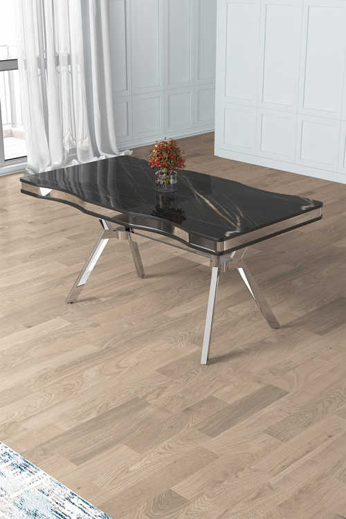 Concept Prah Serisi 90X160 Lak Panel Siyah Mermer Krom Ayak Mutfak Masası