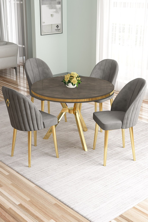 Concept Mos Serisi 90X90 Lak Panel Antrasit İroni Gold Kaplama Ayaklı Masa Takımı Ve 4 Gri Sandalye