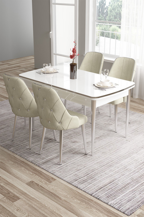 Concept Tia Serisi 80X132 Açılabilir Mdf Mutfak Masası Takımı Beyaz Masa Krom Detay 4 Krem Sandalye
