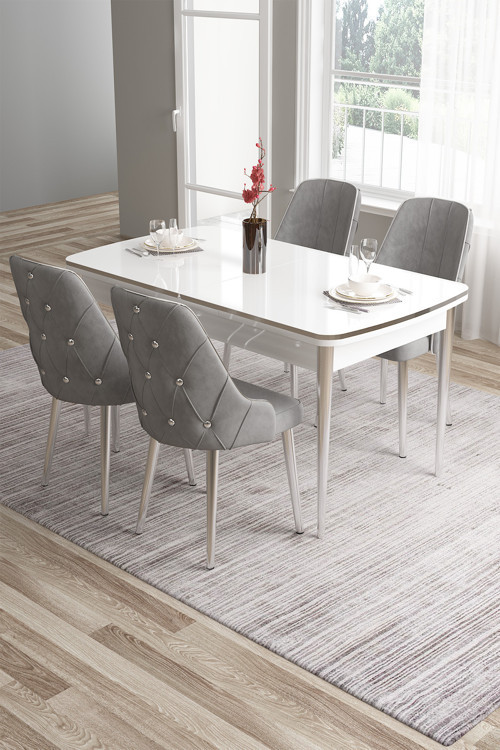 Concept Tia Serisi 80X132 Açılabilir Mdf Mutfak Masası Takımı Beyaz Masa Krom Detay 4 Gri Sandalye