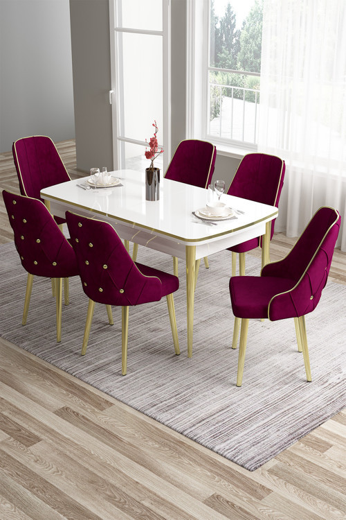 Concept Tia Serisi 80X132 Açılabilir Mdf Mutfak Masası Takımı Beyaz Masa Gold Detay 6 Mürdüm Sandalye