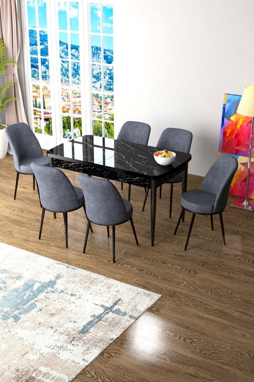 Zen Serisi 80x132 Mdf Açılabilir Siyah Mermer Desen Masa Takımı Ve 6 Füme Sandalye
