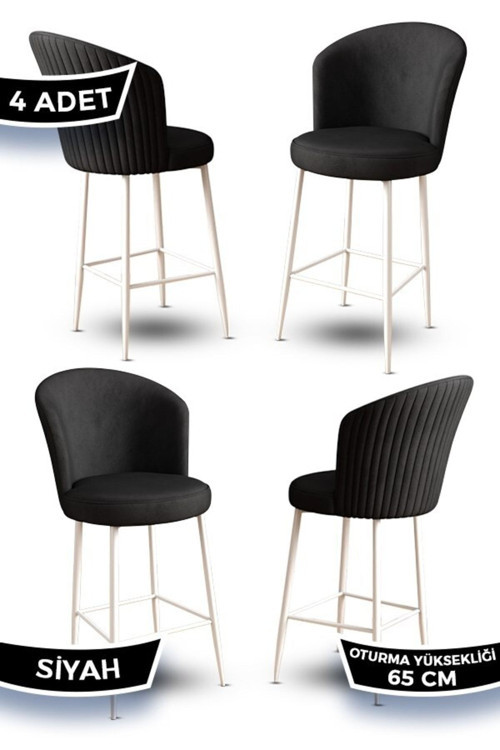 Concept Alte Serisi 4 Siyah Sandalye 65 Cm Ada Mutfak Bar Sandalyesi Babyface Kumaş Beyaz Metal Ayaklı
