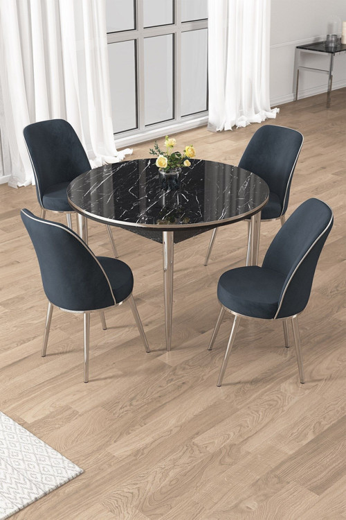Concept Osle Serisi 90X90 Yuvarlak Siyah Mermer Desen Mutfak Masa Takımı 4 Sandalye Krom Detay