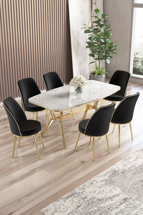 Concept Lena Serisi 90X160 Lak Panel Beyaz Mermer Desen Gold Kaplama Ayaklı Masa Takımı Ve 6 Siyah Sandalye