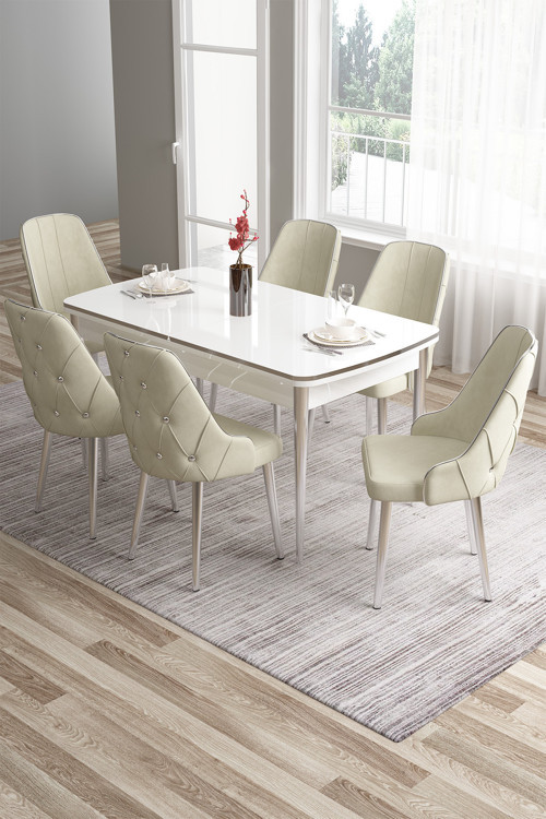 Concept Tia Serisi 80X132 Açılabilir Mdf Yemek Odası Takımı Krom Detay Beyaz Masa Ve 6 Krem Sandalye