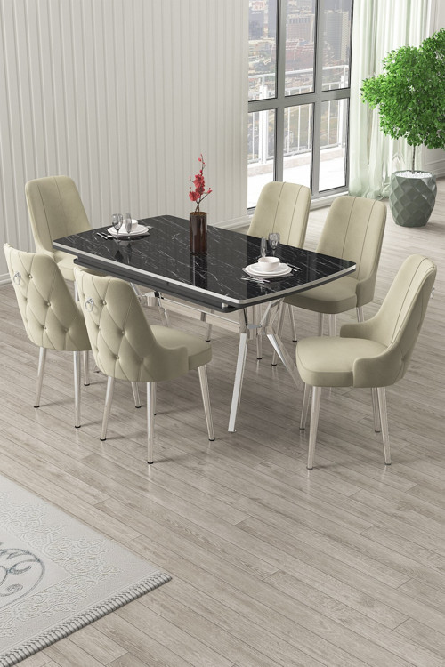 Concept Nis Serisi 89X150 Açılabilir Lak Panel Siyah Mermer Krom Ayak Masa Takımı Ve 6 Krem Sandalye